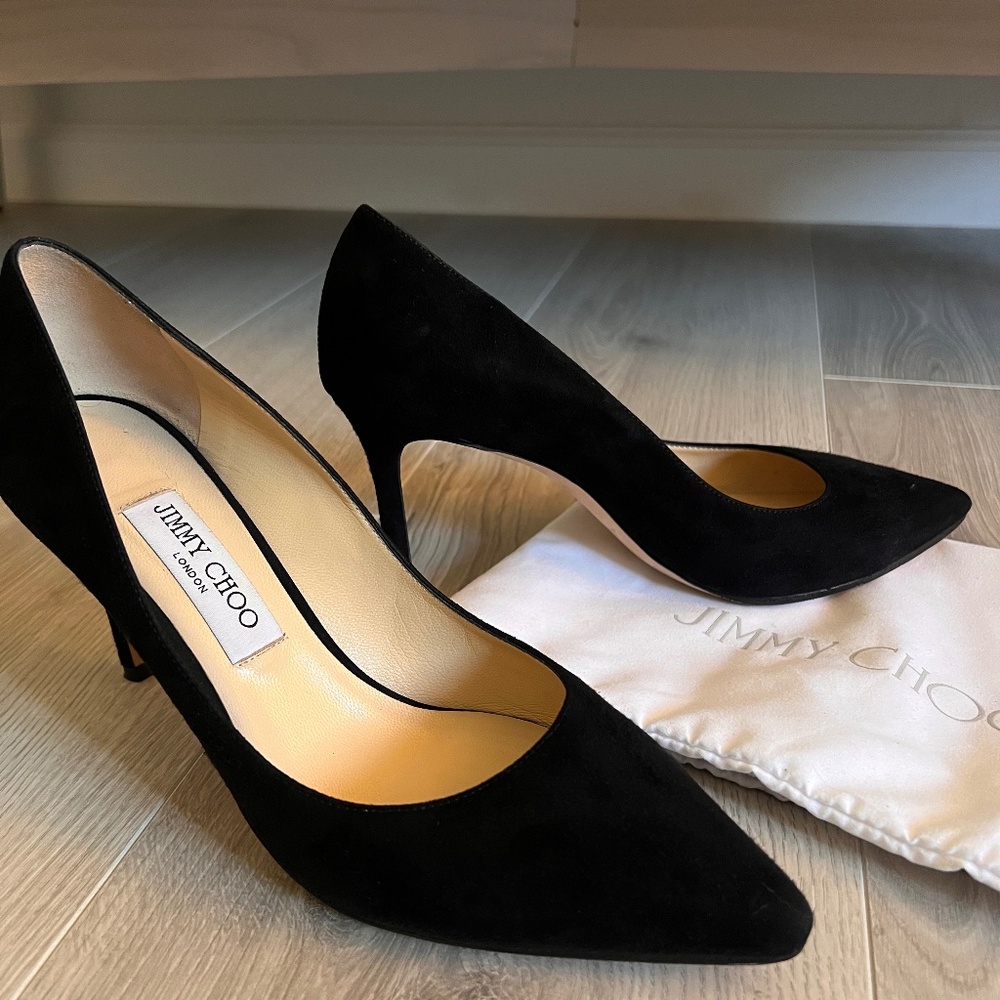 Jimmy Choo Romy 85mm Black Suede Pumps – Excellent Condition – Size 9